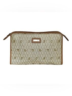 Vintage Dior Beige Monogram Canvas Logo Pouch with Brown Trim